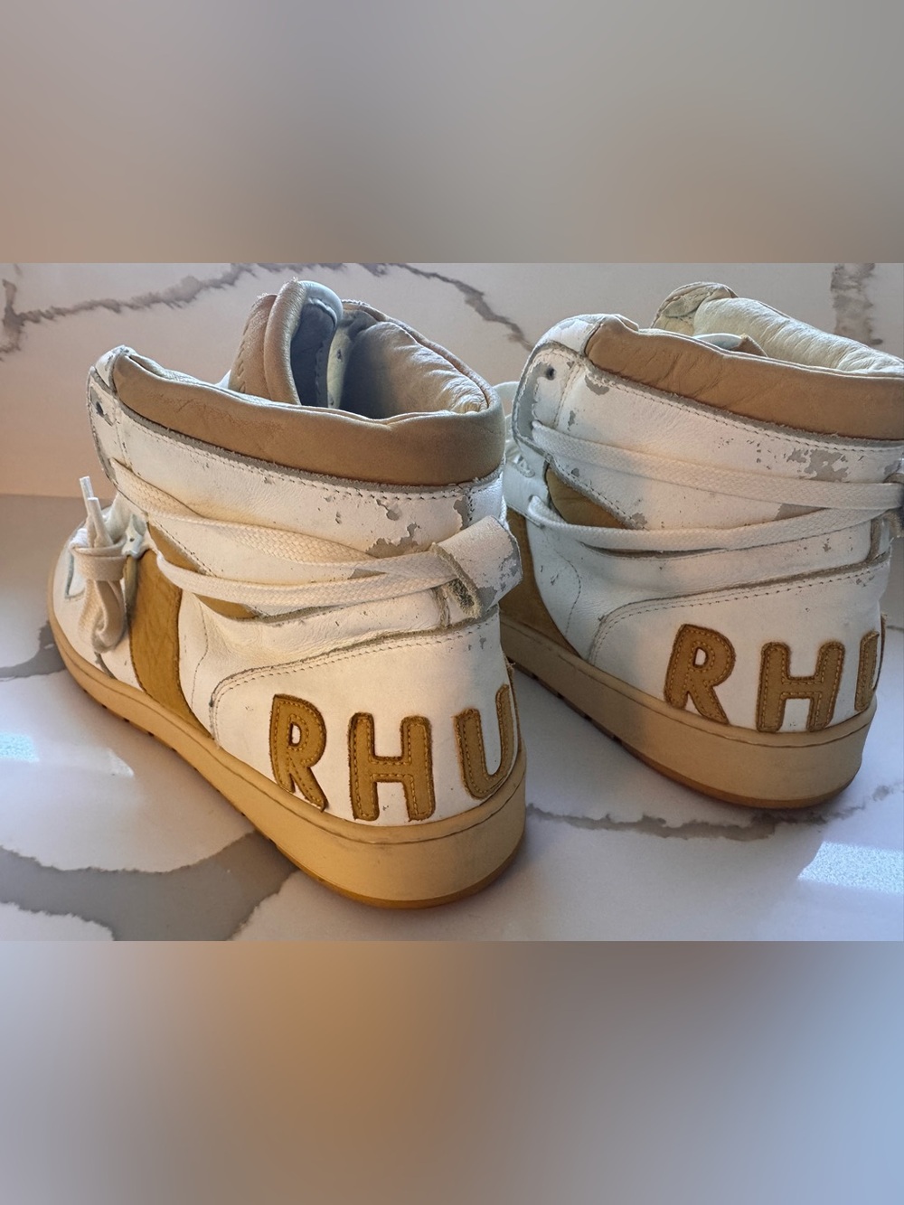 Rhude Rhecess Hi White/Yellow Leather Sneakers - Size 12 - Picture 6 of 16